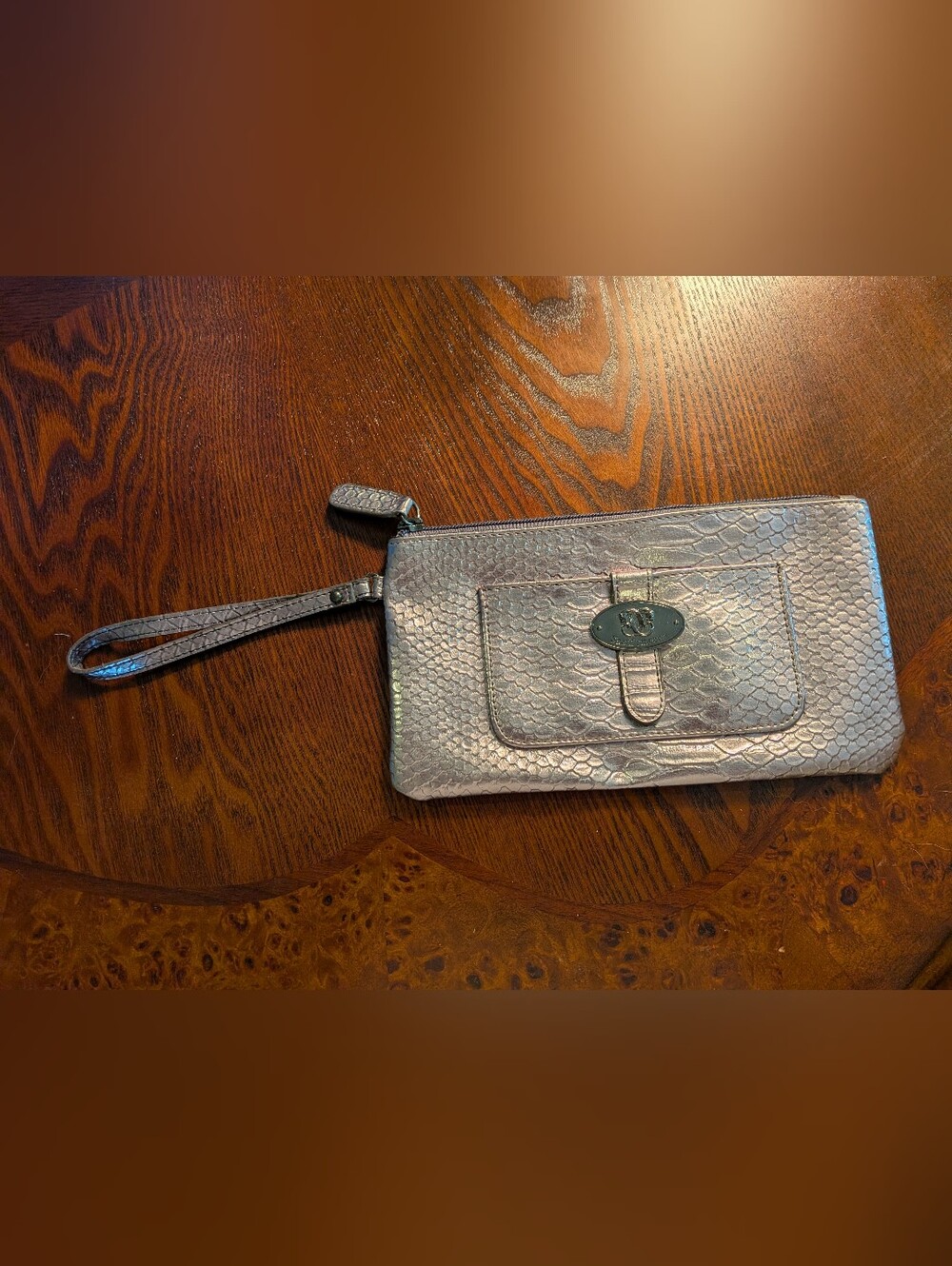Sharif Pewter/Silver Reptile Embossed Wristlet with Front Pocket